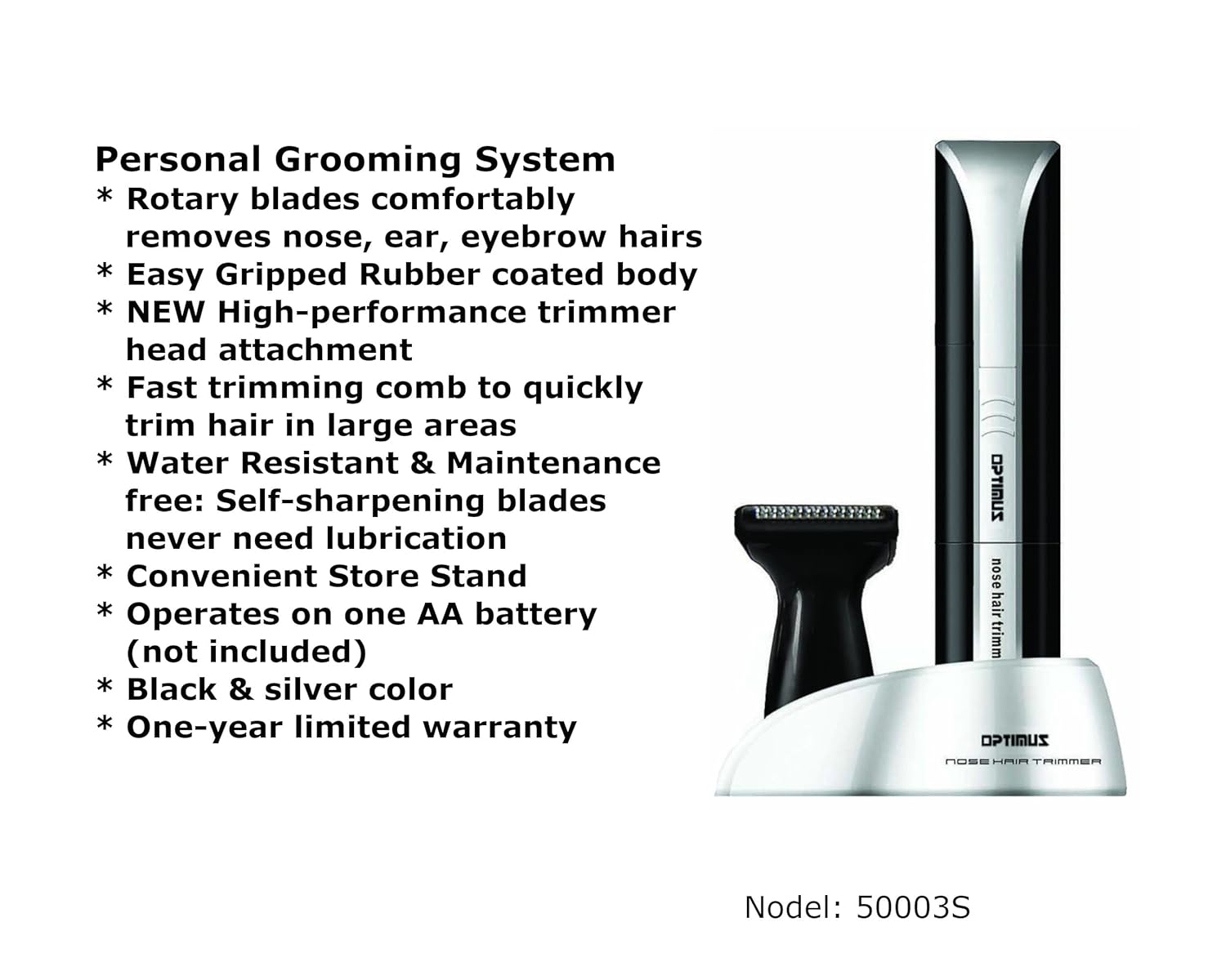 Optimus 50003 features including rotary blades, easy grip, trimmer head, fast trimming comb, water resistance, self-sharpening blades, storage stand, and battery operation.