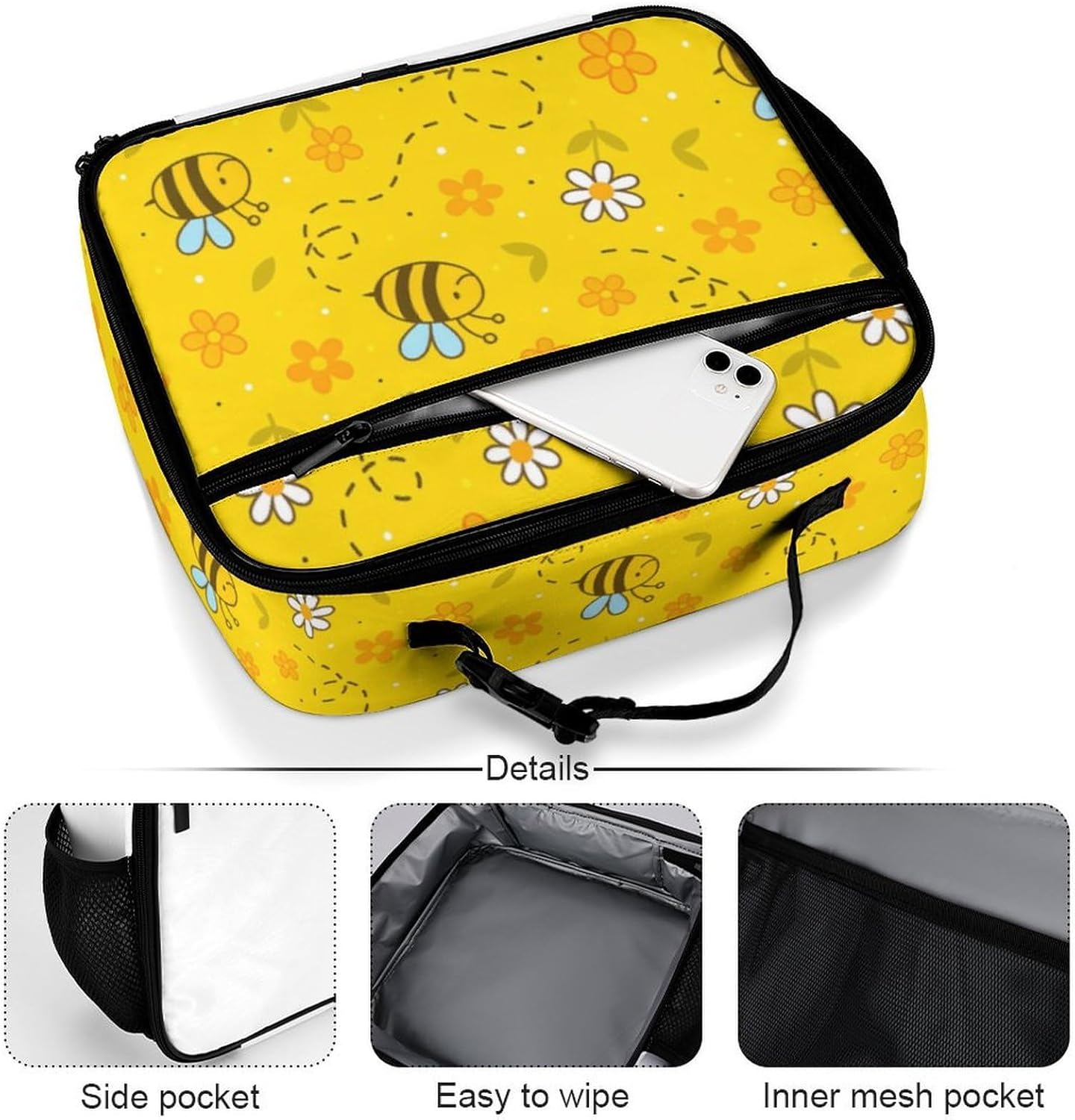 Bee Honeycomb Reusable Lunch Box Insulated Lunch Bag Cooler Bag Lunchbox Meal Food Container Tote Bag for Women Kids Girls Boy School Camping Hiking Picnic Beach Travel