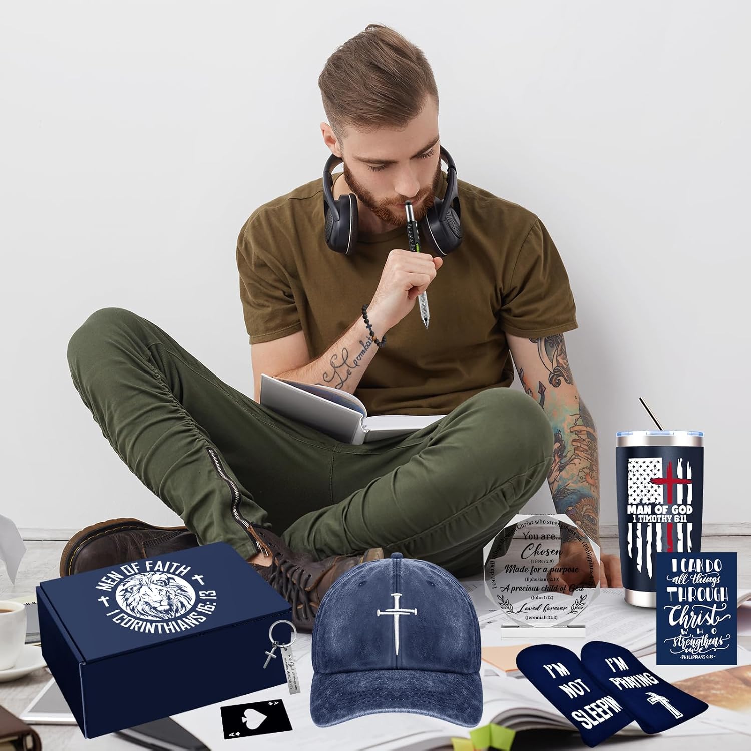 10 Pcs Christian Gifts for Men Faith, Inspirational Religious Gifts, Catholic Gift with 20 Oz Tumbler Bible Verses Crystal Plaque Hat Socks Bracelet Keychain for Husband, Dad, Grandpa, Friends