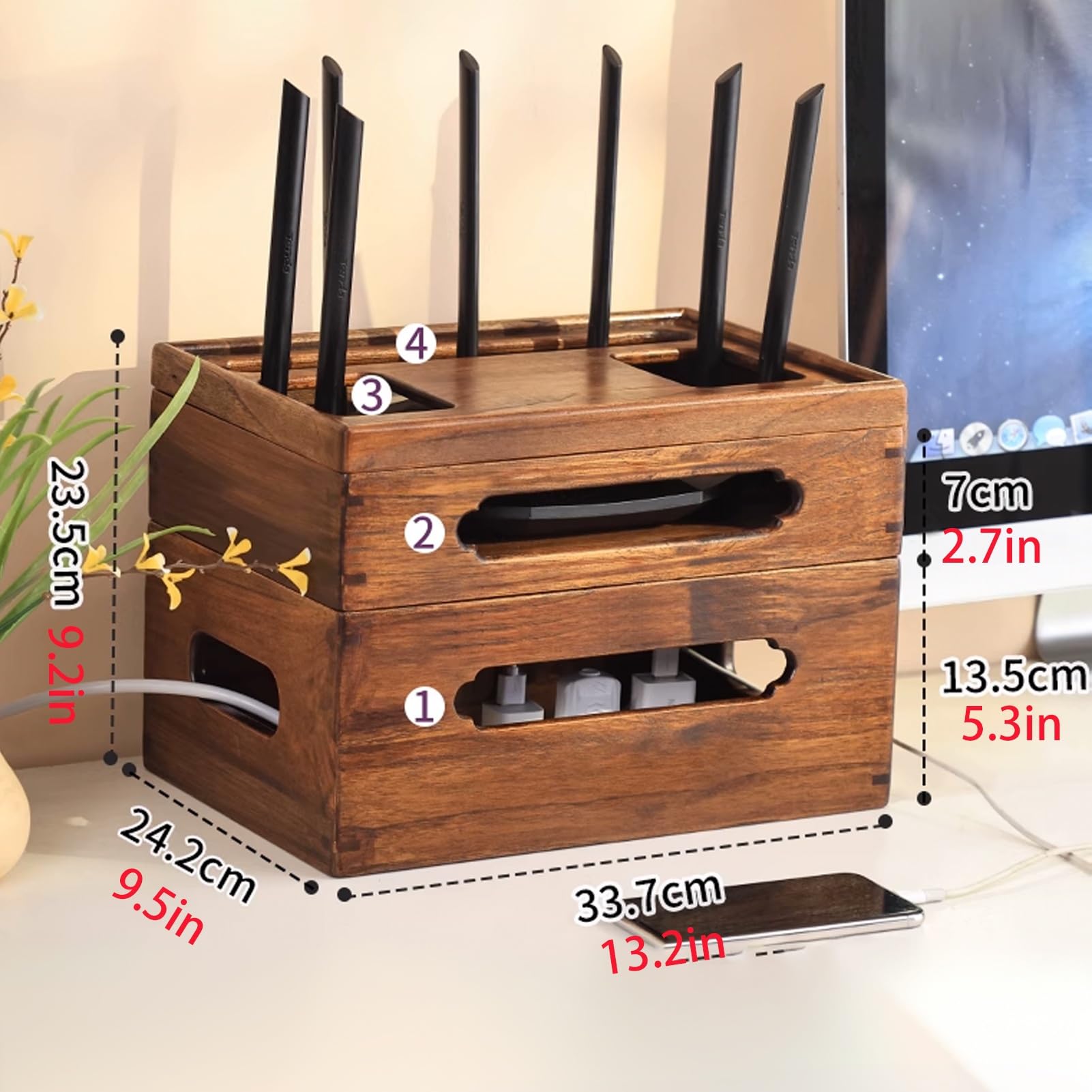 Schowek na Router WiFi, Szafka do Przechowywania Routera, Drewniany Organizer do Zarządzania Kablami, Biurkowy Schowek Wielowarstwowy WiFi, dos Domu I Biura(23.5cm/9.2in)