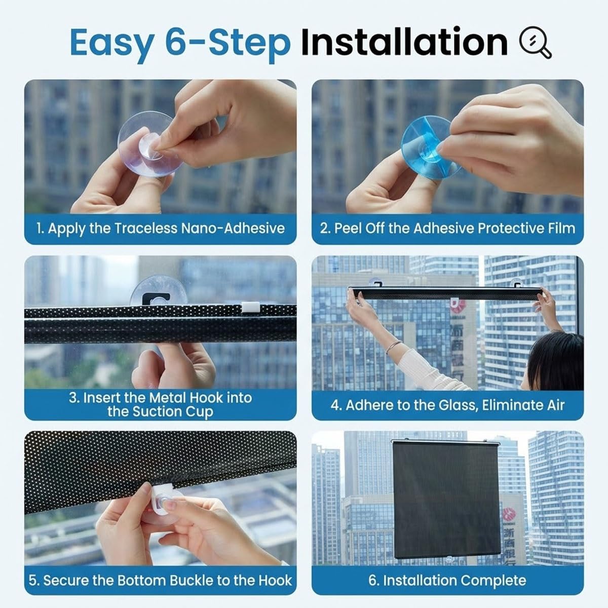 Persianas Opaca con Ventosa Sin Taladrar, Estores Enrollable para Ventanas,Persianas Retráctiles Cortina Proteccion Solar para Oficina,Dormitorio,Sala de Estar(70x170cm)