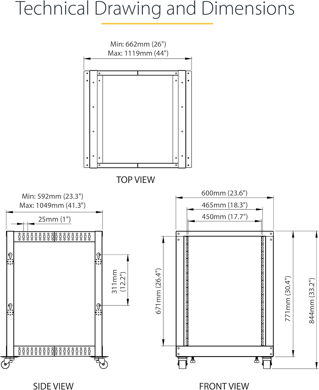 StarTech 15U 4-Post Server Rack, 19in Open Frame Rack with 40in (101cm) Mounting Depth and 1200lb (544kg) Weight Capacity, Mobile or Floor Mount IT Rack