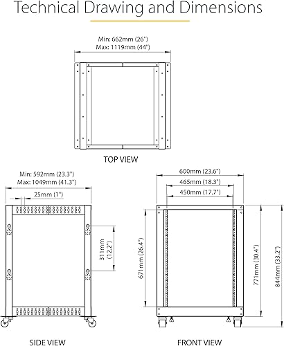 Miniatura 6 de StarTech.com 4POSTRACK15U Rack móvil de 4 postes de marco abierto para servidores, rack de red de 19 pulgadas con ruedas, estante rodante para