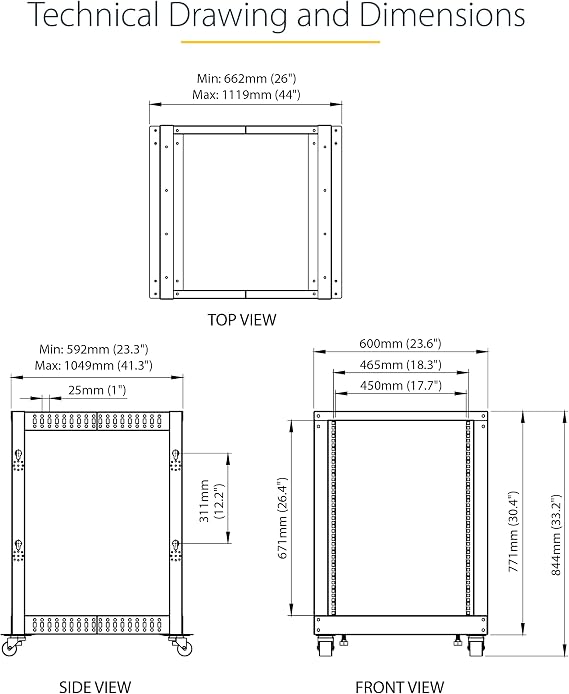 StarTech 15U 4-Post Open Frame Rack, 19in, 22-40in, 544kg/1200lb, 30in tall