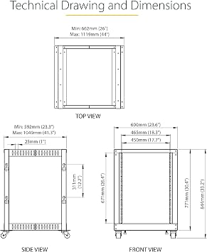 StarTech 15U 4-Post Open Frame Rack, 19in, 22-40in, 544kg/1200lb, 30in tall