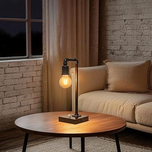 Miniatura 7 de Lámpara de mesa industrial para dormitorio, lámpara de noche totalmente regulable con puertos USB C+A, lámpara vintage con diseño de tubería de