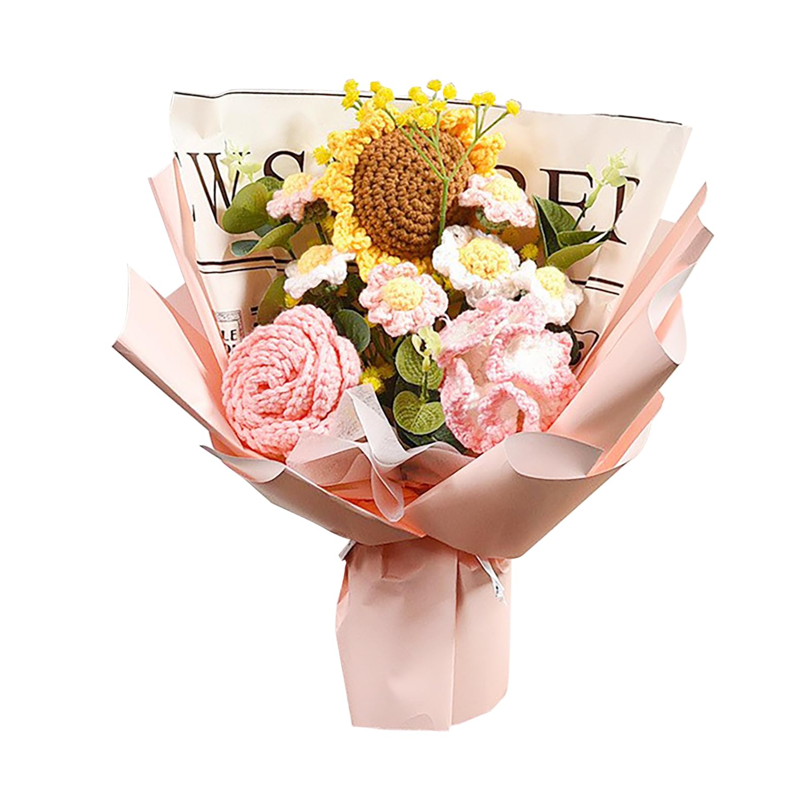 CVJdfhRE bridal bouquet， Fake sunflower Daisy Warm Artificial Rose Flowers Bouquet, Handcrafted Crochet, Vibrant Sunflowers Knitted(Pink)