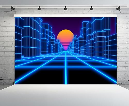 Miniatura 2 de Telón de fondo de paisaje cibernético de 7 x 5 pies, ciudad azul, retro, futurista de los años 80, neón Cyberpunk, cuadrícula, fondo de sol, juego