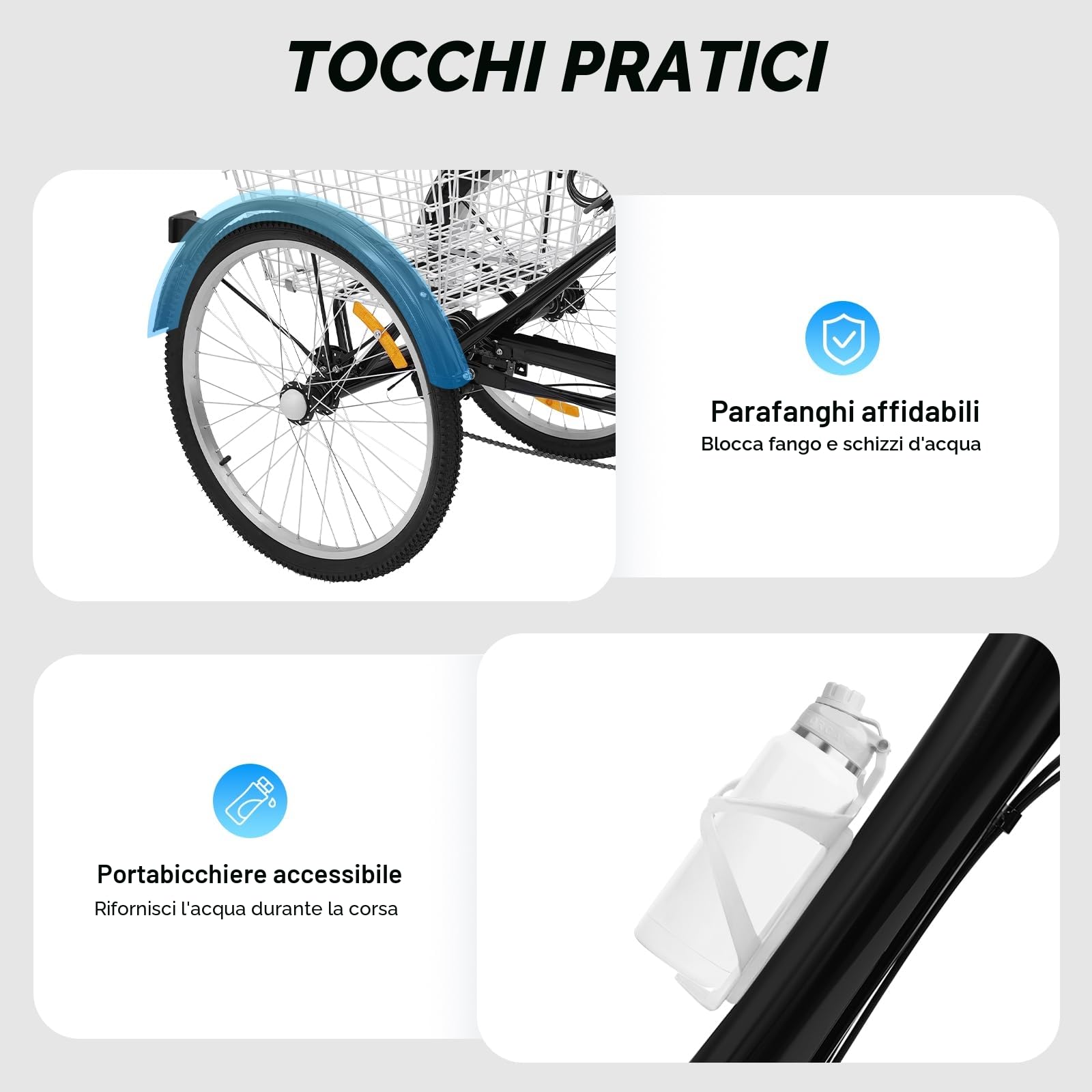 triciclo per adulti 24 pollici, cruiser bicicletta con lampada da moto, cestino e riflettori, velocità regolabile, 120 kg, bianco