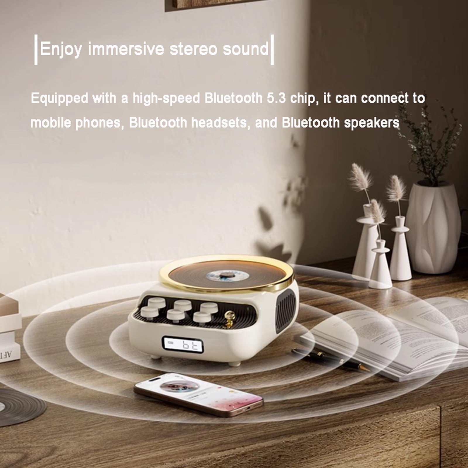 Lettore CD retrò, Lettore CD Portatile con Bluetooth, Luce Ambientale, Effetto Sonoro Stereo a 360°, Supporto Scheda TF, CD、CD-R/CD-RW, per Auto, Casa