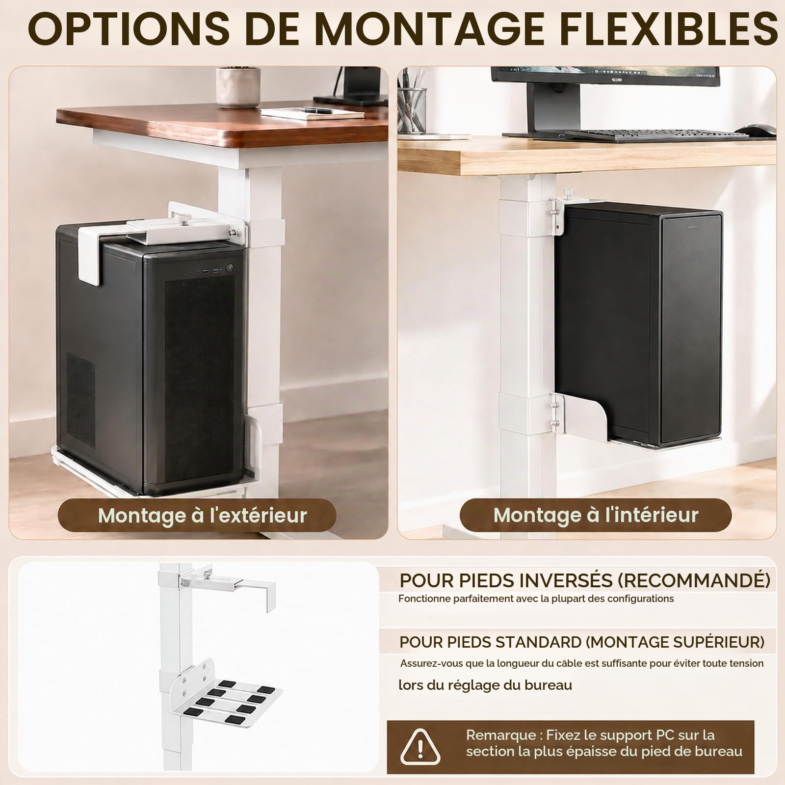 Support Tour PC sous Bureau, sans Perçage Support CPU pour Bureaux Réglables en Hauteur Charge Max 18 kg (40 lbs) pour Pieds de Bureau 80 * 50mm, Blanc