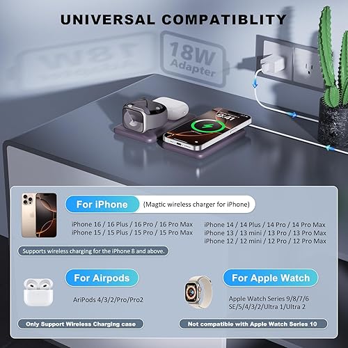 Miniatura 4 de Cargador inalámbrico para iPhone - Estación de carga 3 en 1 para dispositivos Apple, almohadilla de carga magnética de viaje para iPhone 15, 14, 13,