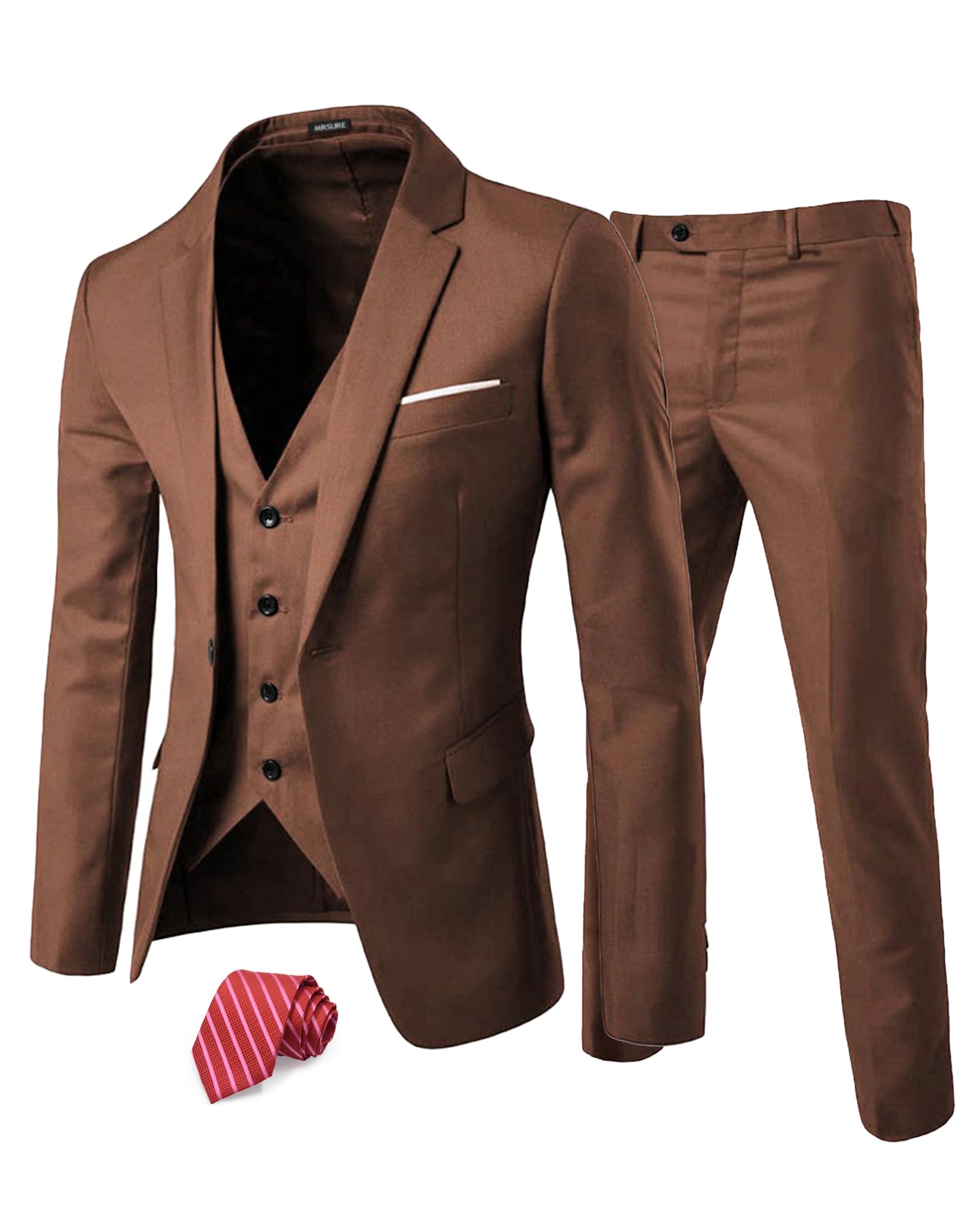 MrSure Men’s 3 Piece Suit Blazer, Slim Fit Tux with One Button, Jacket Vest Pants & Tie Set for Party, Wedding and Business