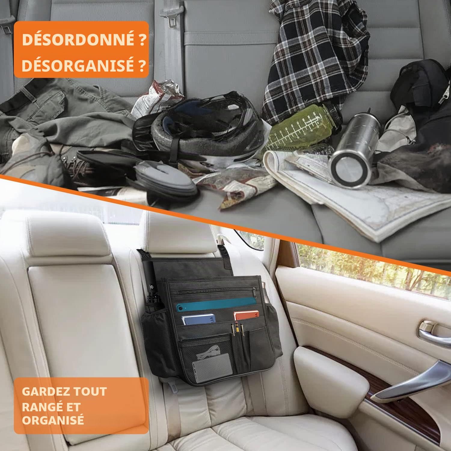 Boczif Organiseur de siège arrière de voiture, sac de rangement à suspendre pour siège passager, organisateur de siège avant de voiture pour bureau, enfants, organiseur de cabine de camion avec poche
