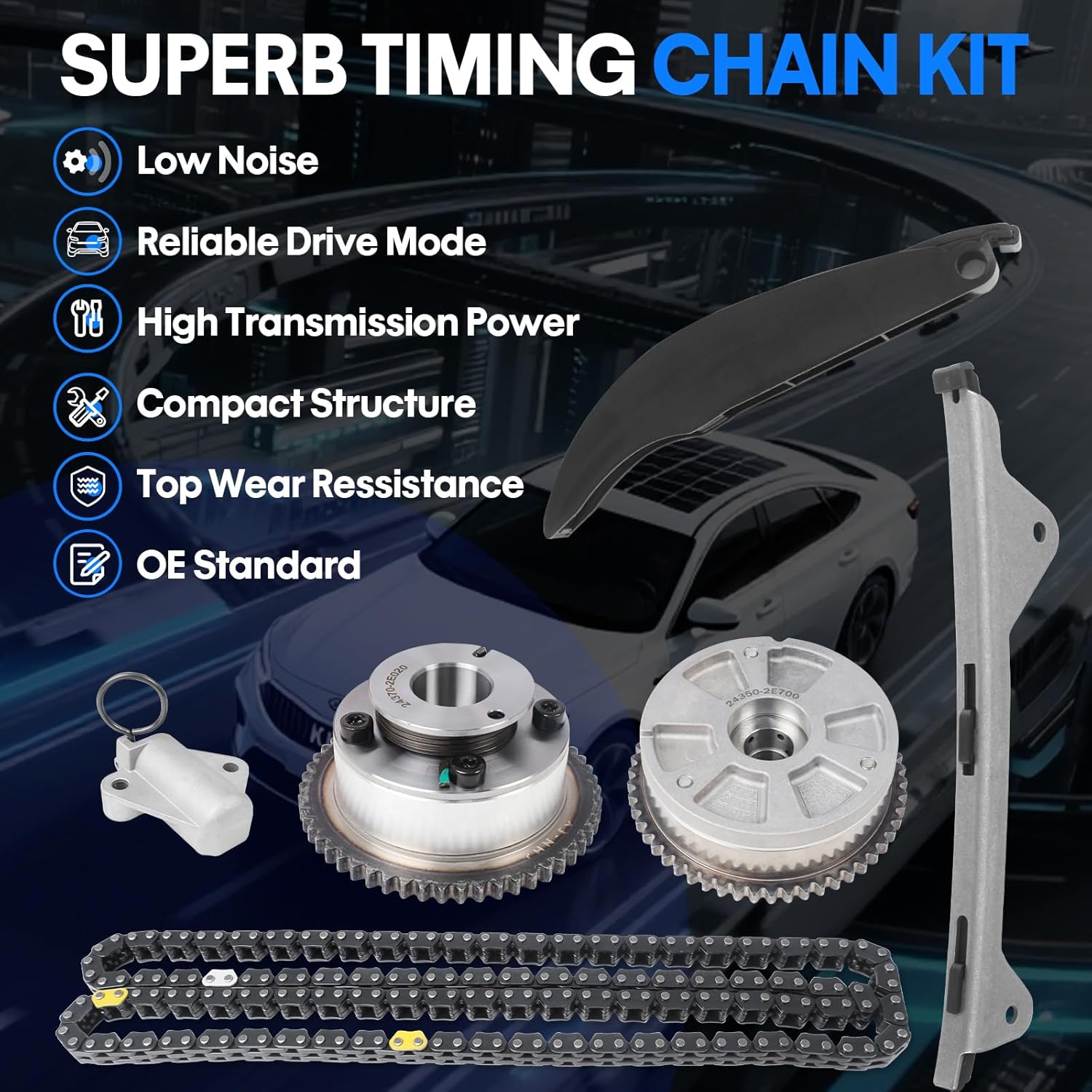 Timing Chain Kit with VVT Camshaft Sprocket for 2017-2022 Hyundai Elantra Kona Veloster, for Kia Forte Forte5 Soul Seltos 2.0L Engine Timing Kit, 243502E700 243702E020, OE Standards Timing Parts