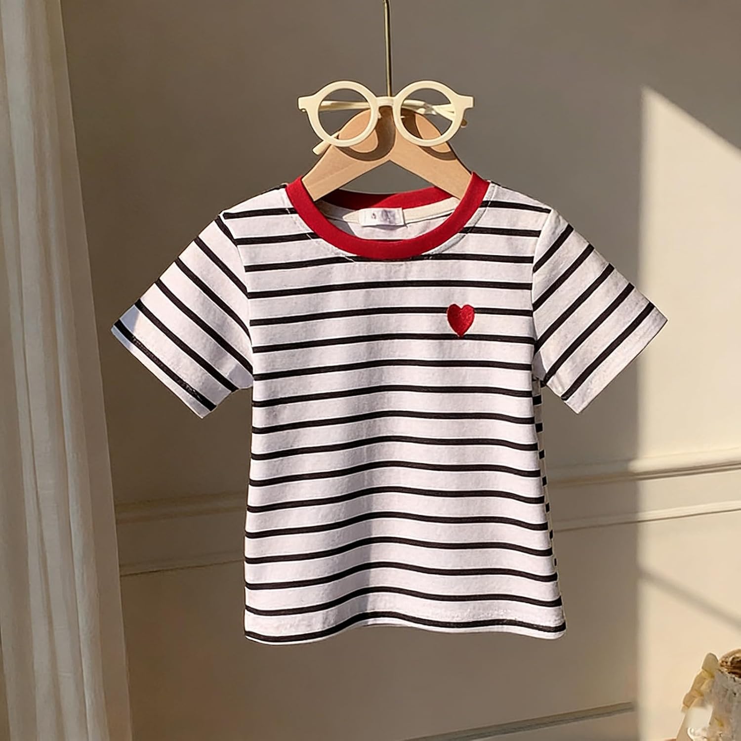 Girls Striped Short Sleeve T Shirts Kids Summer Casual Tops Crewneck Heart Printed Tees Cotton Color Block Blouses