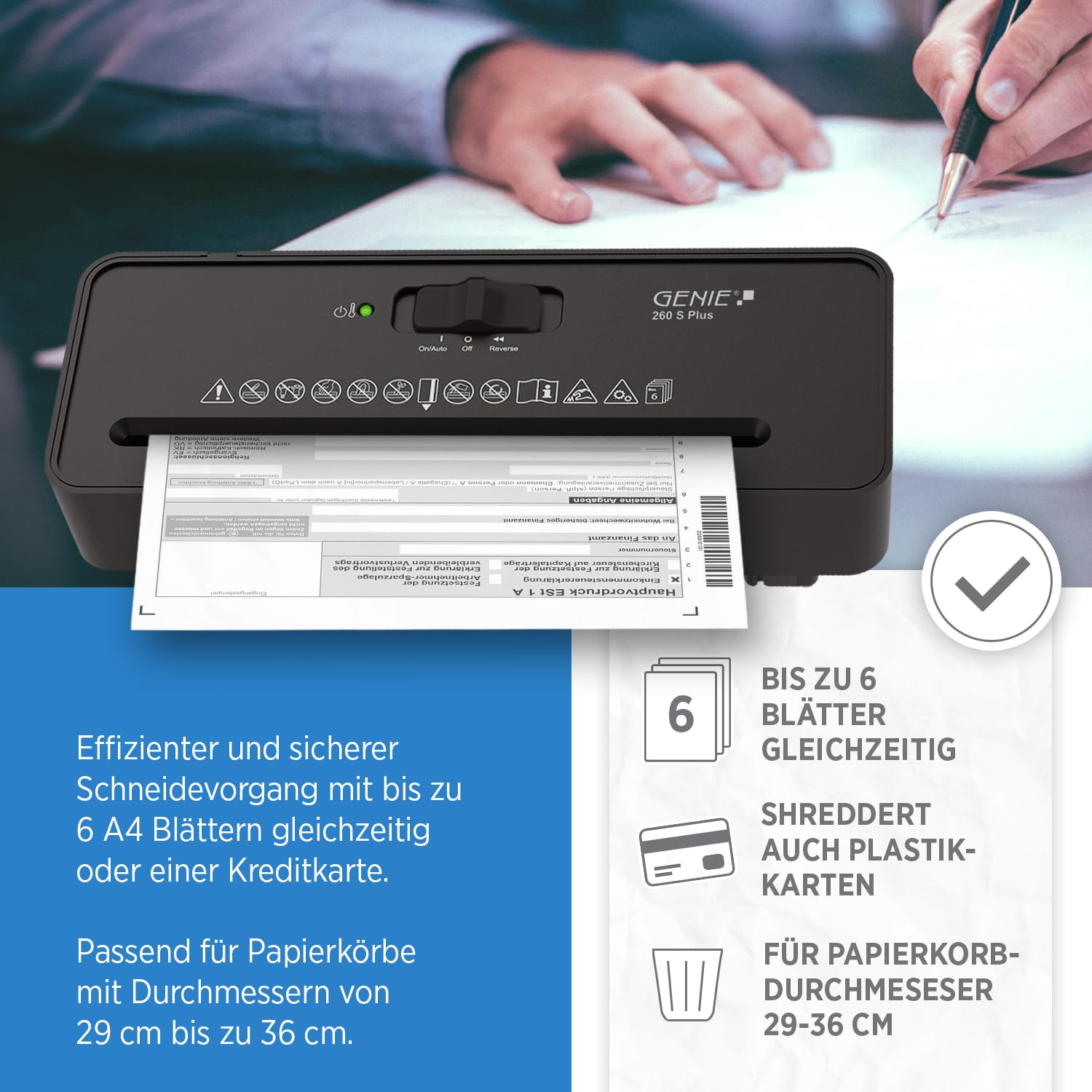 Genie 260 S Plus Destructeur de Documents Papier Coupe en Bandes 6 mm Compact