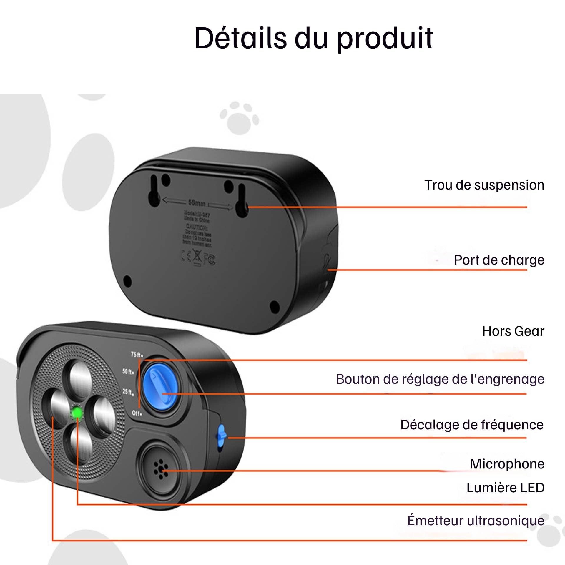 Répulseur de Chien à Ultrasons, Anti-Aboiement, 3 Modes Réglables, Portée 20m, Batterie 2000mAh Rechargeable USB-C, IP65, Noir