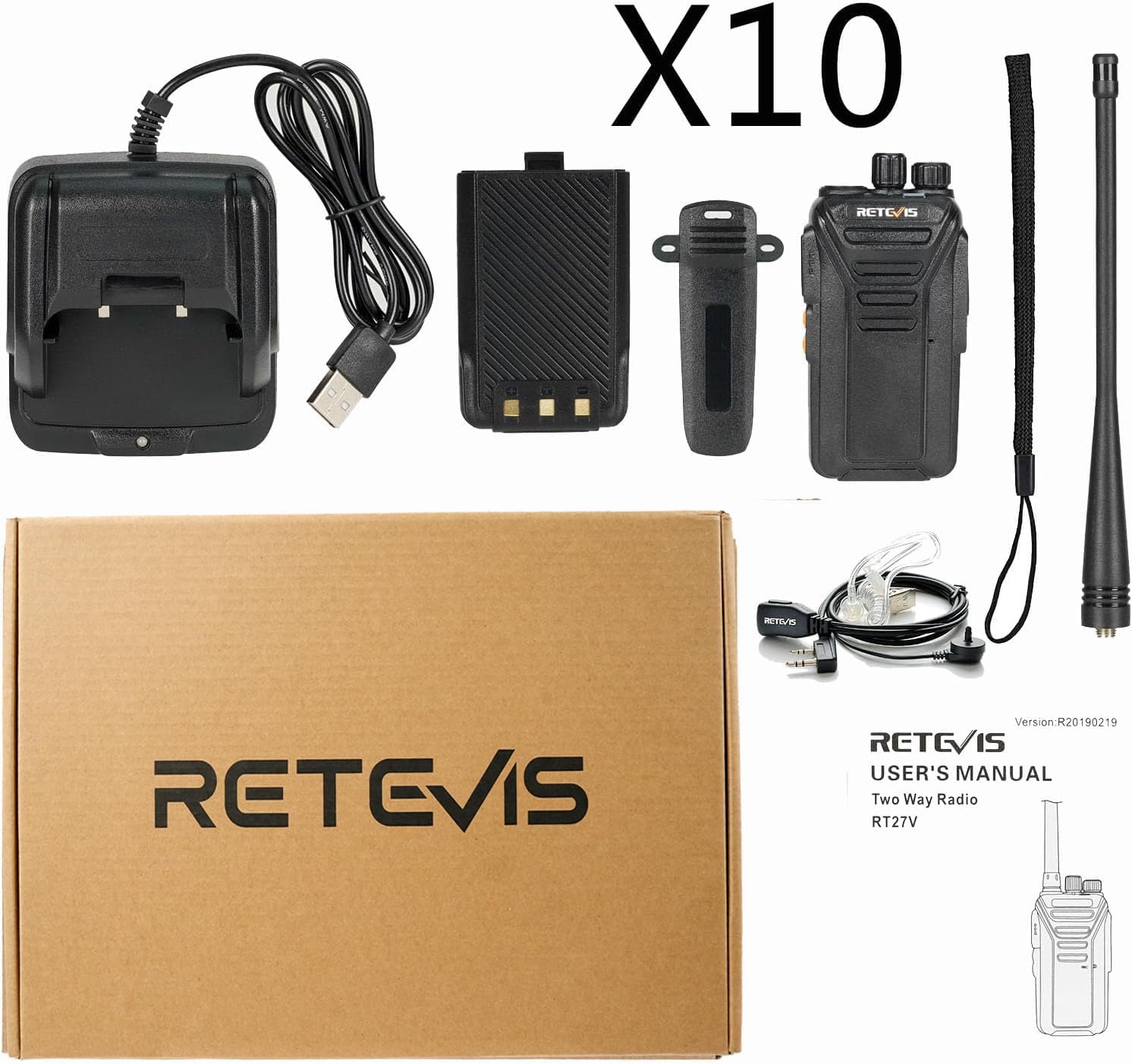 Retevis RT27V MURS Radio, Walkie Talkies with Earpiece, License-Free, 5 Low Traffic Channel, Rechargeable Walkie Talkies, Two Way Radios for Service Emergency Rescue Church(10 Pack)