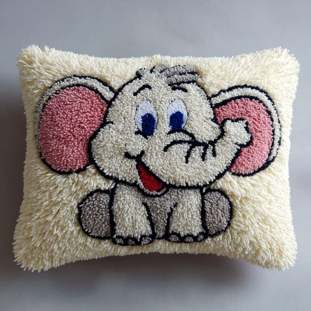 Henypt Latch Hook Kits for Beginners & Adults,Smiling Elephant 43x43cm DIY Pillow Cover Craft,Easy Crochet Needlework Kit with Full Accessories
