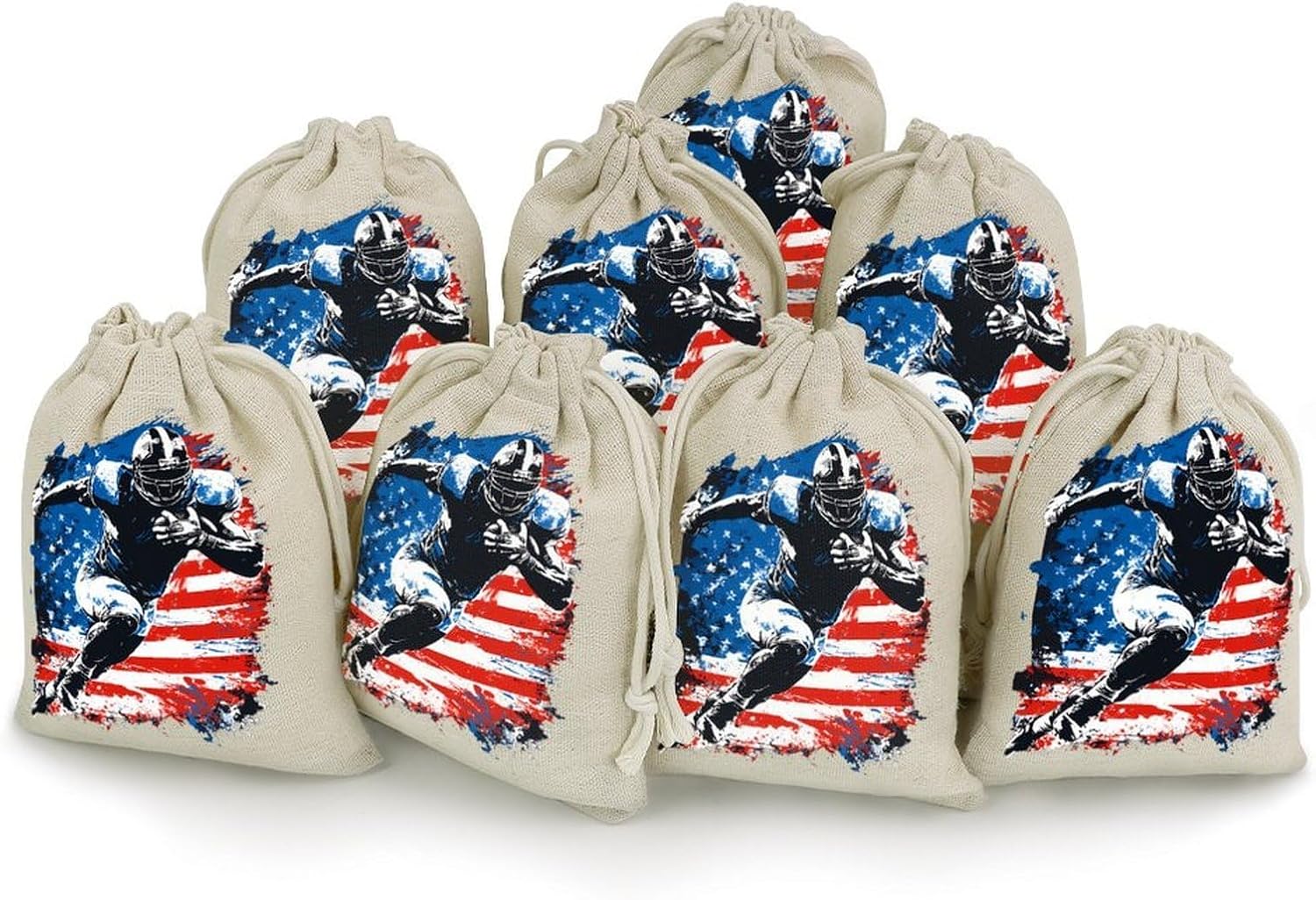 U.S.A. Flag Football Player Drawstring Bags Cotton Linen Pack of 8 | Reusable Storage Gift Pouch Party Home Supplies