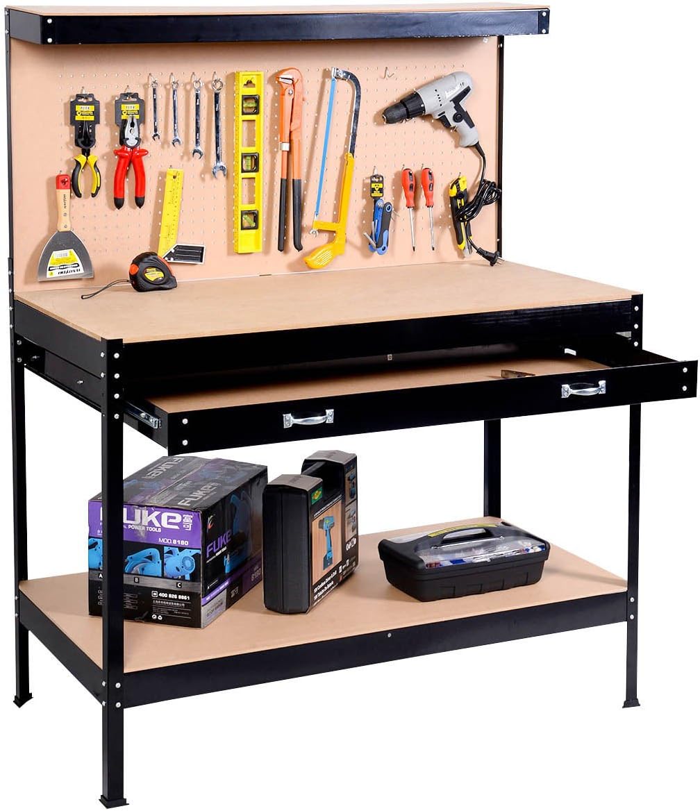 Work Bench Tool Storage Steel Frame Tool Workshop Table W/ Drawers and Peg Boar