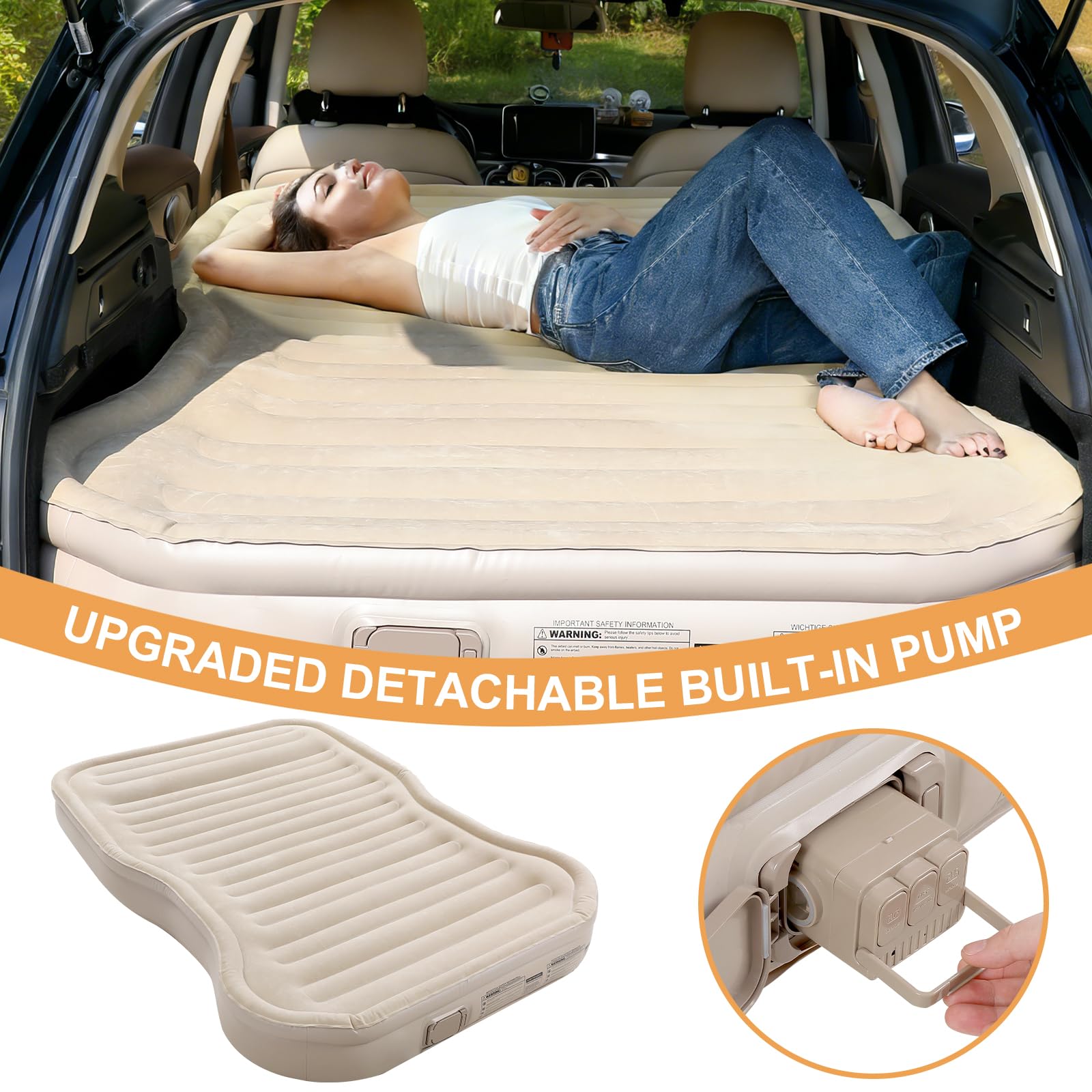 Colchón de aire para SUV con bomba integrada, PVC flocado grueso, inflado rápido 90s, cama portátil para camping