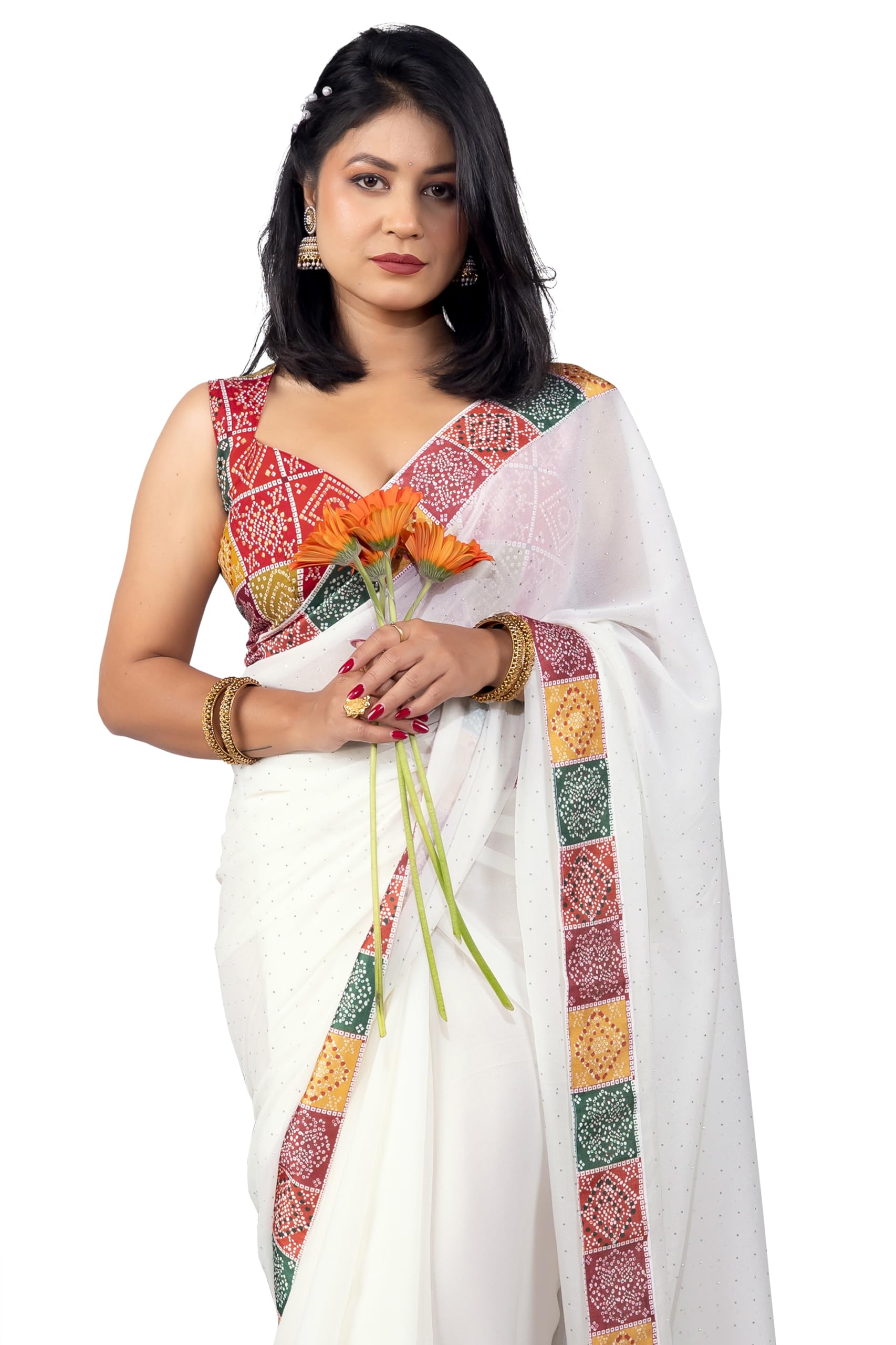 Women's Shimmer Georgette Embellished Bandhani Saree with Blouse Piece-image-49