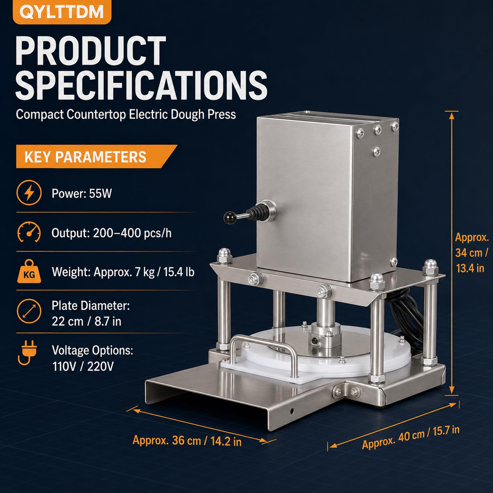TYH Elektrische Pizzateigpresse, Manuelle Pizzateigpresse Aus Edelstahl, 400 Teigstücke Pro Stunde, Gewerbliche Walzenausrollmaschine Für Pizzaböden Und Hackbraten 25cm