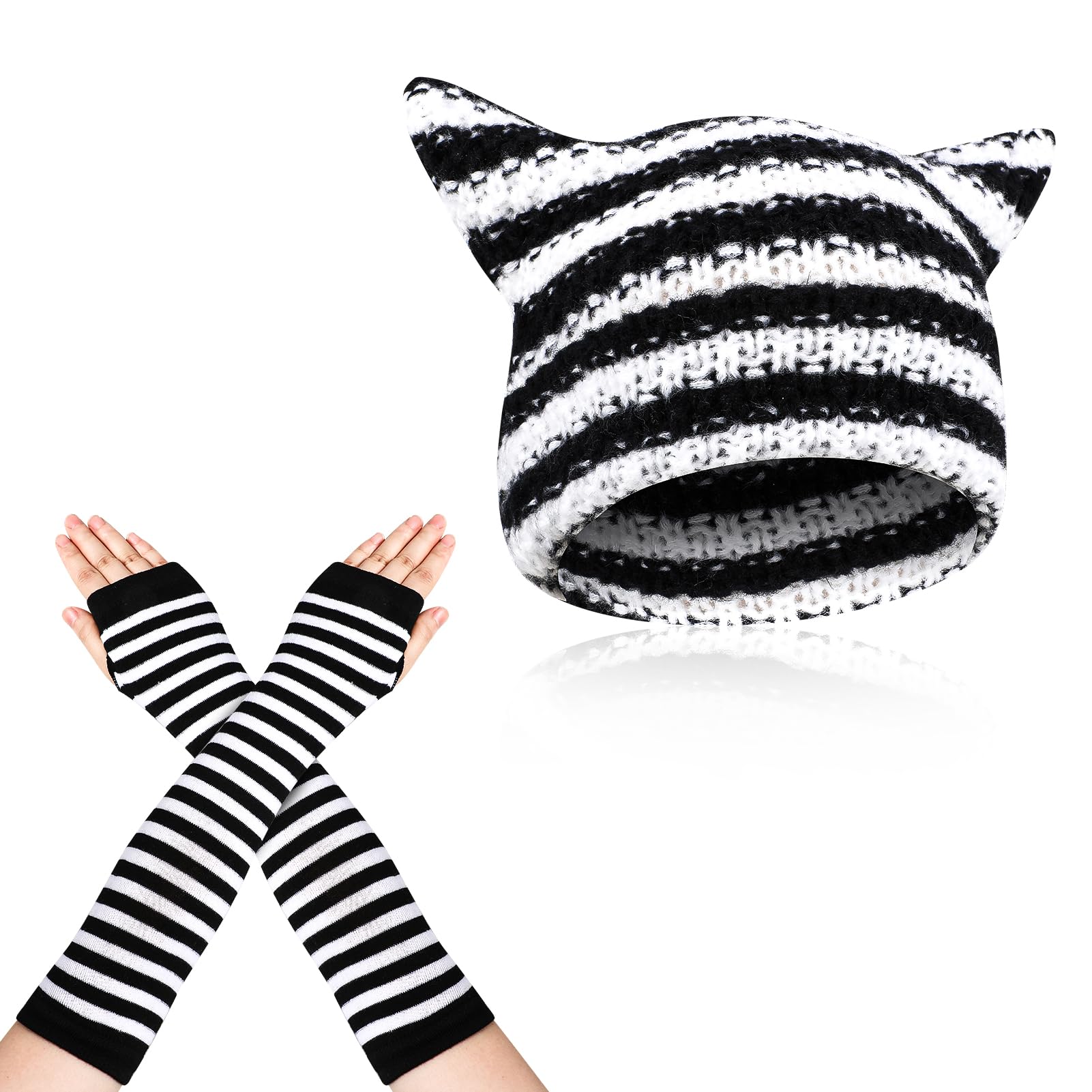 GSrenyuWomen's Cat Beanie with Striped Arm Warmers,Crochet Cat Ear Hat,Knitted Winter Warm Cap with Long Fingerless Gloves,Cute Funny Hat Arm Sleeves Set for Women Girls(Black+White)