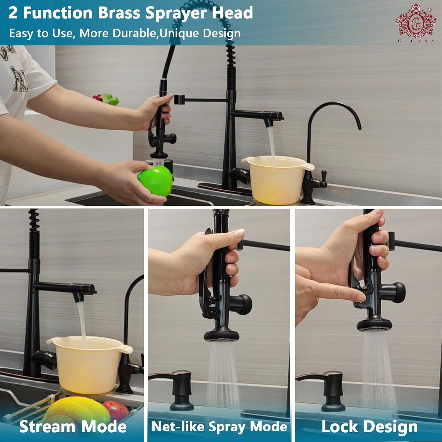 Kitchen Faucet, Solid Brass Oil Rubbed Bronze Kitchen Faucet, Heavy Duty Spring Pre-Rinse Single Handle Kitchen Faucets with Pull Down Sprayer and Pot Filler, Commercial Style Sink Faucet