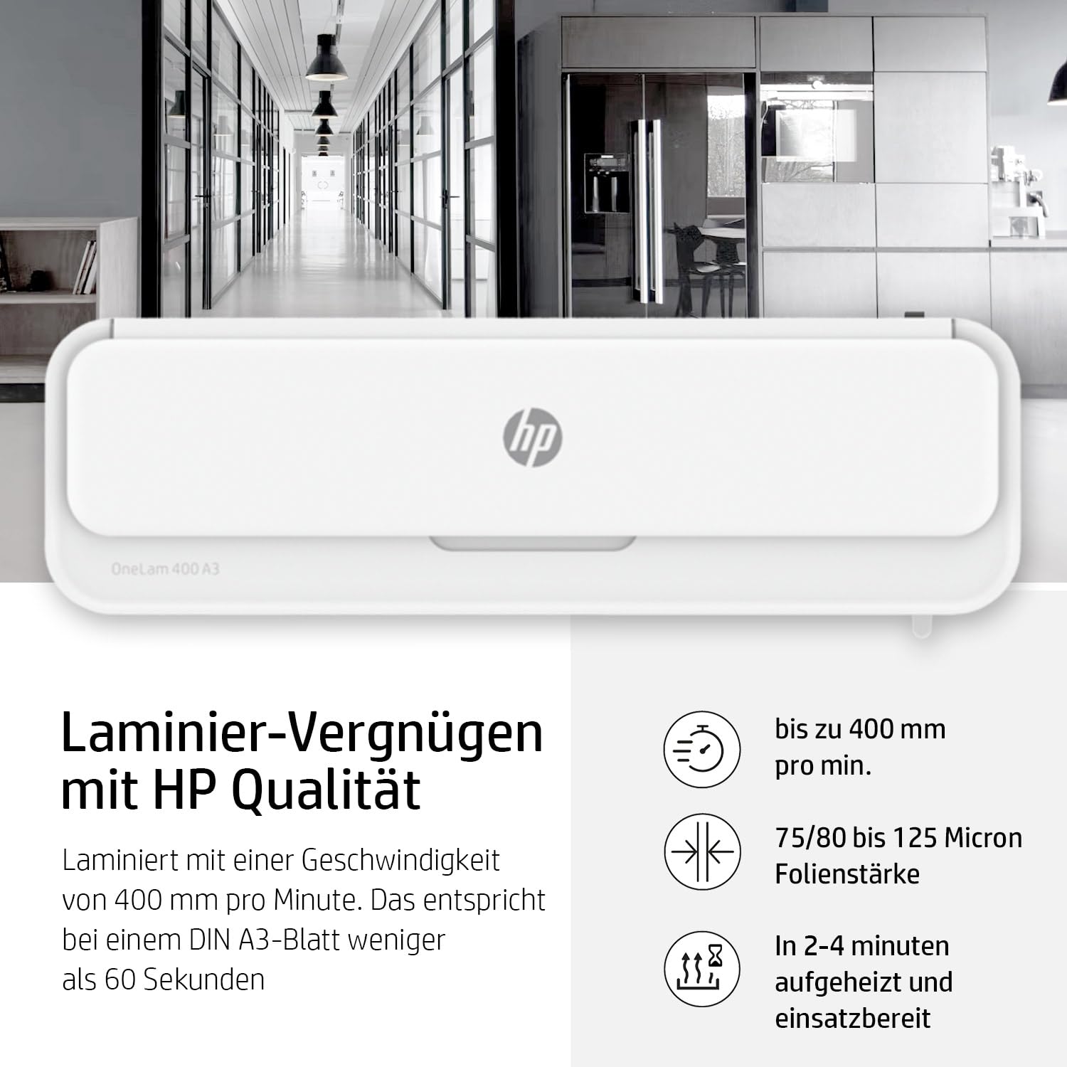 HP OneLam 400 A3, Laminiergerät, 75/80-125 Micron, 400 mm pro Minute, inklusive Zubehör