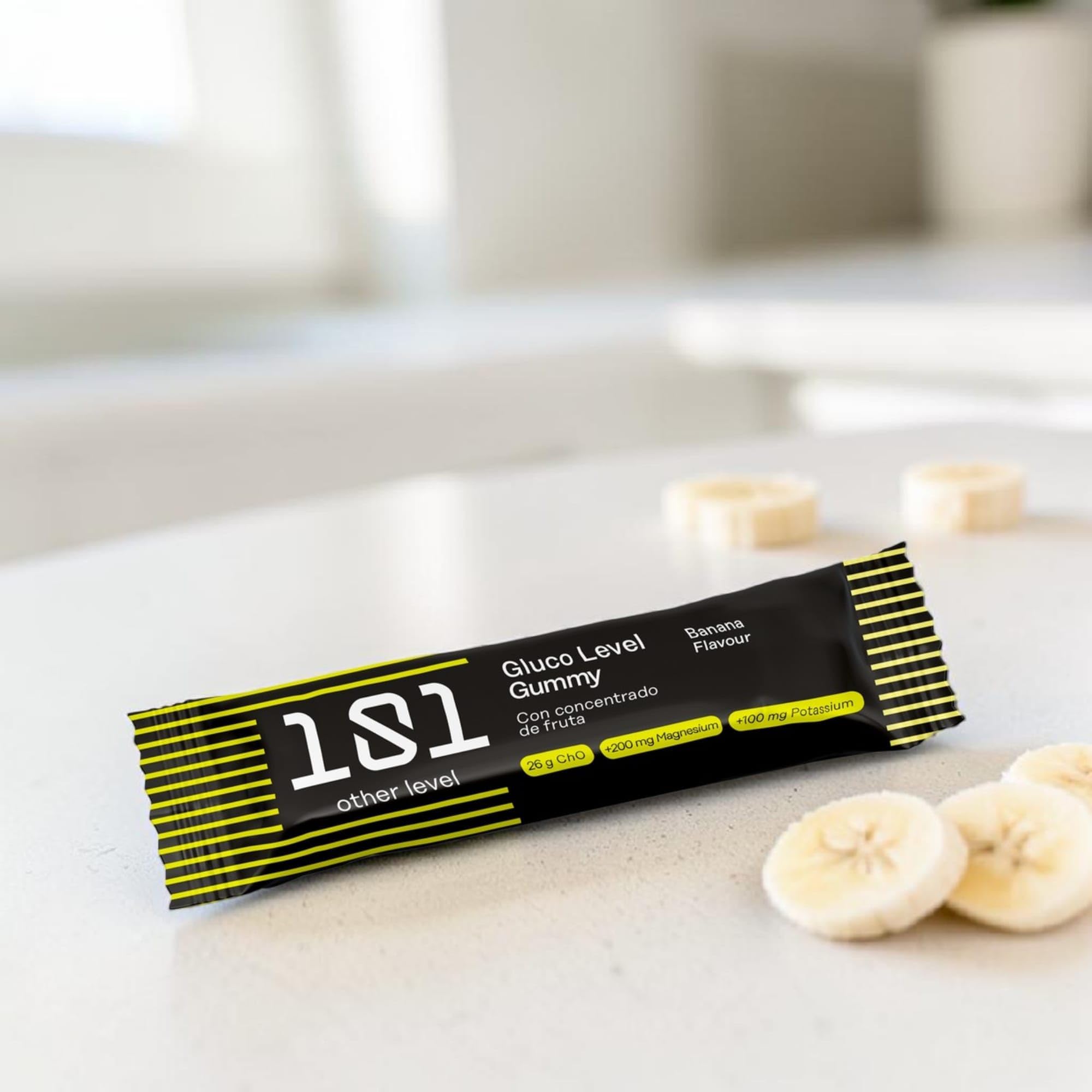 101 Other Level Barritas Energéticas Gummy Pack 30 Barritas de 40 gr - Sabor Banana - Gominolas Deportivas de Carbohidratos para Ciclismo, Running y Trail - Energía Rápida y Fácil Digestión