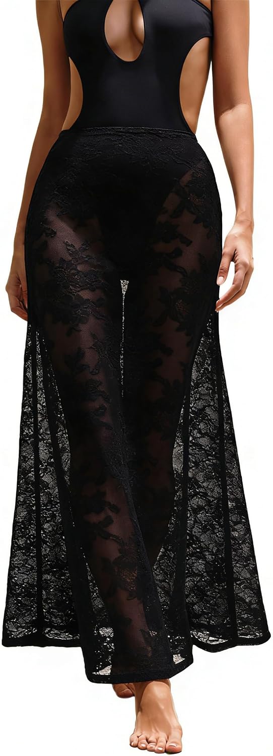 HYPERFIRE Women's Lace Swim Cover Up Elastic Waist Sheer Long Beach Skirt Maxi Cover Up