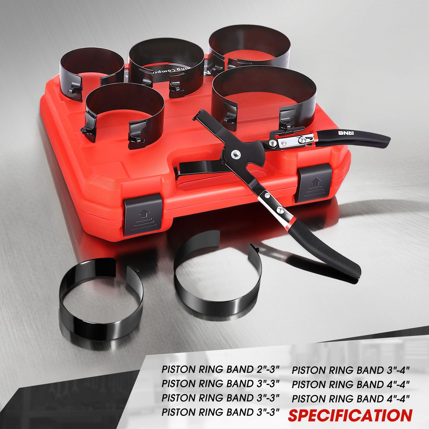 DNA MOTORING TOOLS-00537 - Set compressore ad anello per motore, con pinze a compressione e 7 anelli per pistone (2-7/8" - 4-5/8") - per auto, camion e moto, kit di installazione e rimozione