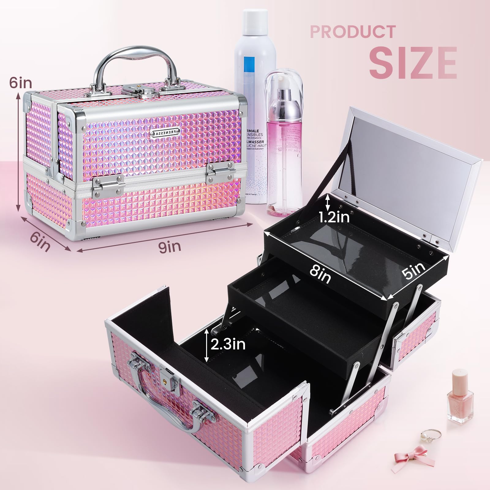 FRENESSA Makeup Train Case Organizer with Mirror and Lockable Storage