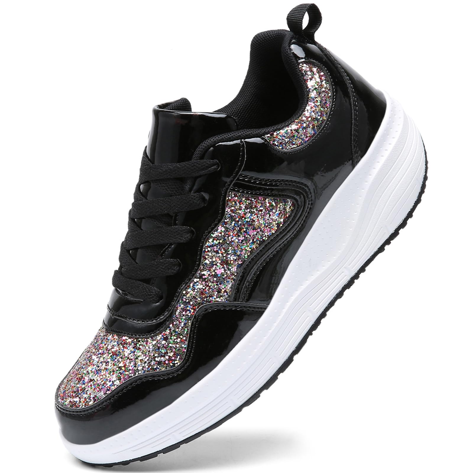 WUIWUIYU Women's Girls' Wedge Platform Shiny PU Sparkly Sequins Glitter Lace-Up Sneakers Street Dance Shoes