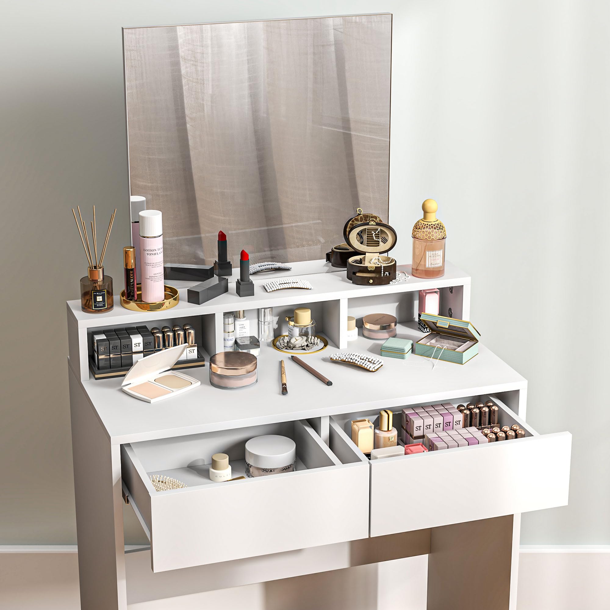 HOMCOM Tocador de Maquillaje con Espejo, 2 Cajones, 3 Compartimentos, 75x38x135 cm, Blanco