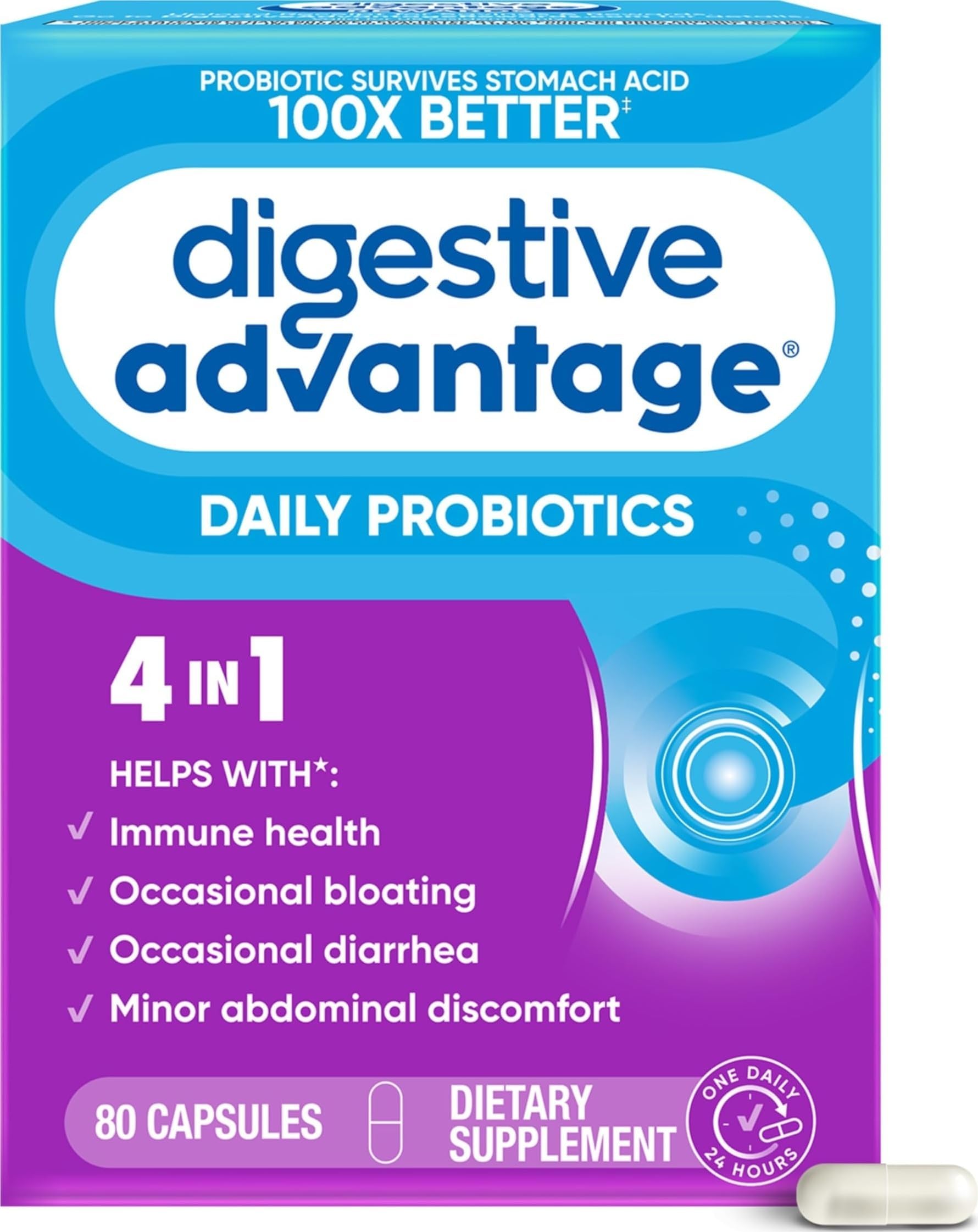 Digestive Advantage Probiotics for Digestive Health, Daily Probiotics for Women & Men, Supports Gut Health, Occasional Bloating & Diarrhea, Minor Abdominal Discomfort, & Immune Support, 80ct Capsules | Digestive Health, Occasional Diarrhea & Bloating Relief Minor Abdominal Discomfort, Immune Support, Gut Health, Calcium