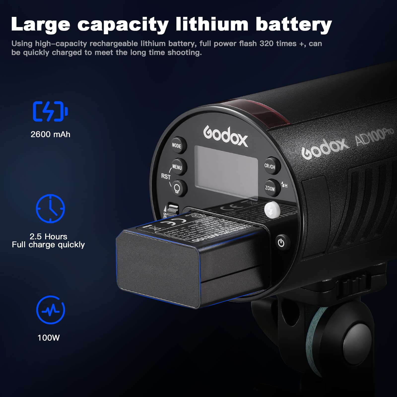 Amazon.com : Godox AD100pro Strobe Flash Portable 2600mAh Battery