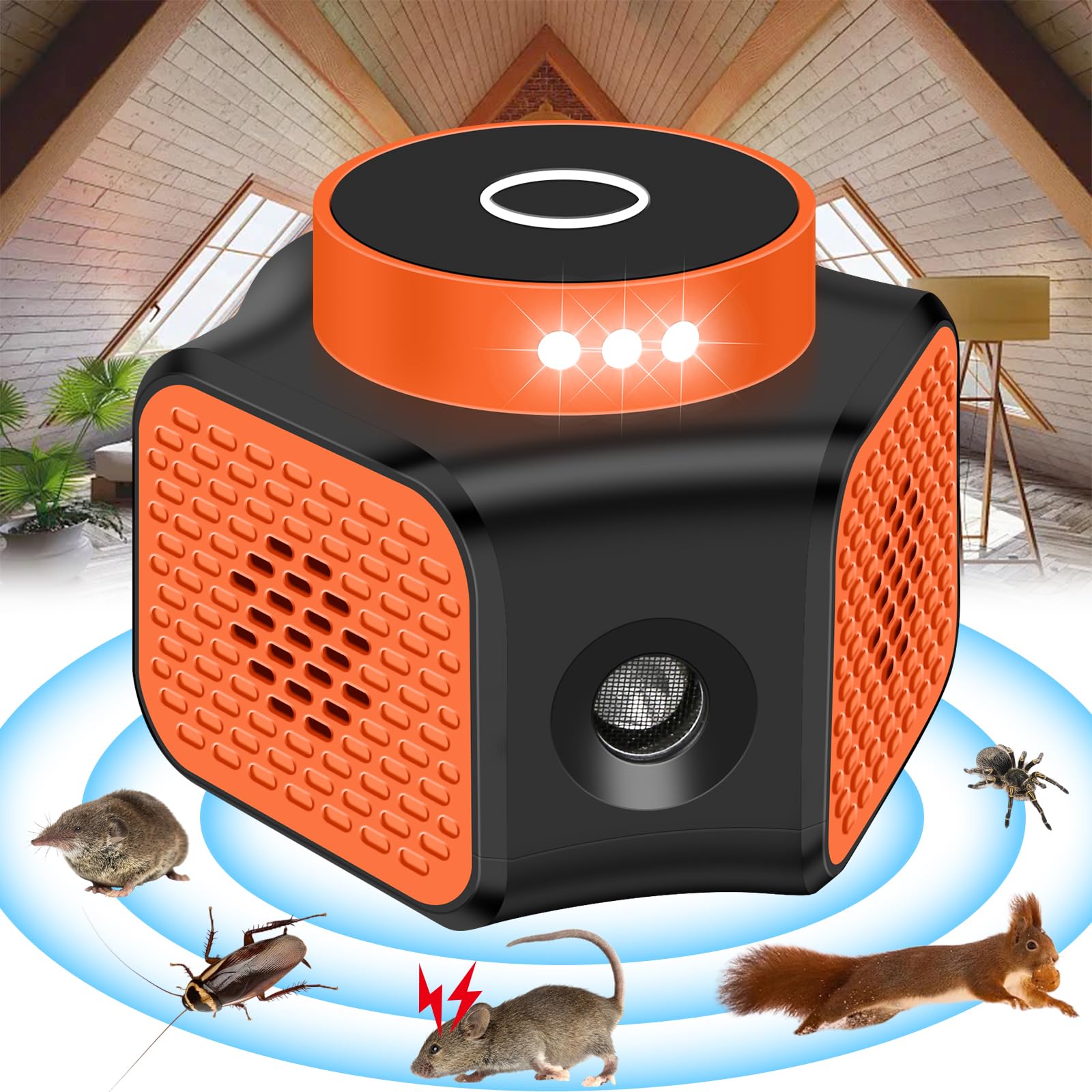 Appareil de contrôle de souris à ultrasons 360° orange avec 4 modes