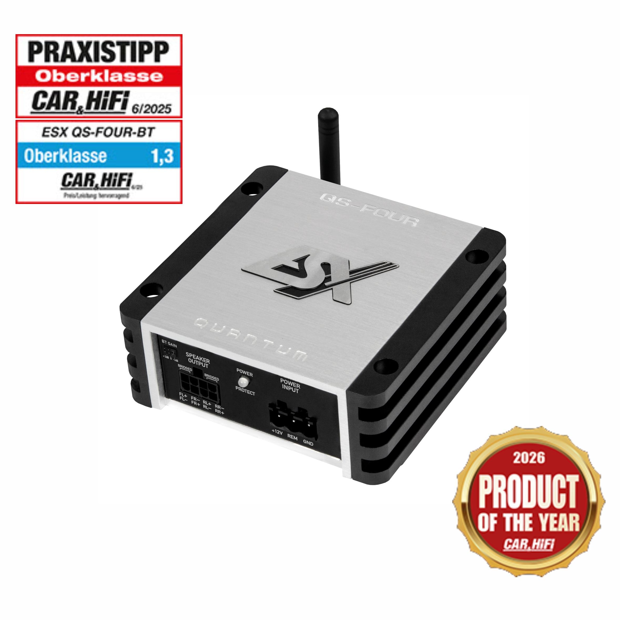 ESX QUANTUM QS-FOUR-BT | 4-Kanal Class D Mini-Verstärker mit integriertem Bluetooth für Audiostreaming und 240 W RMS | QUANTUM-SERIE