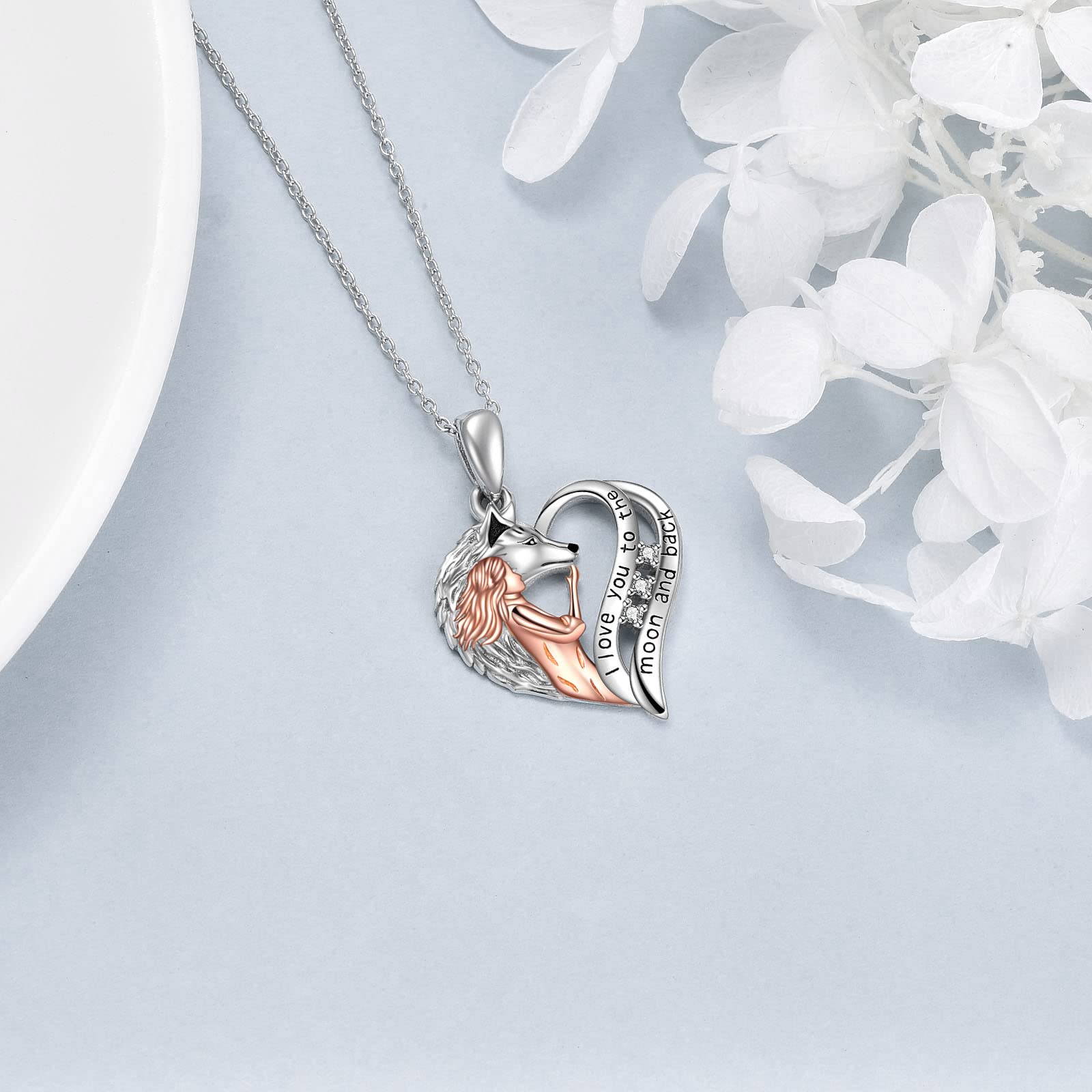YAFEINI Lobo Joyería Regalos Plata Esterlina Amor Corazón Lobo Niña Colgante Collar te Amo a la Luna y Espalda Collar Joyería para Mujer Adolescente Novia