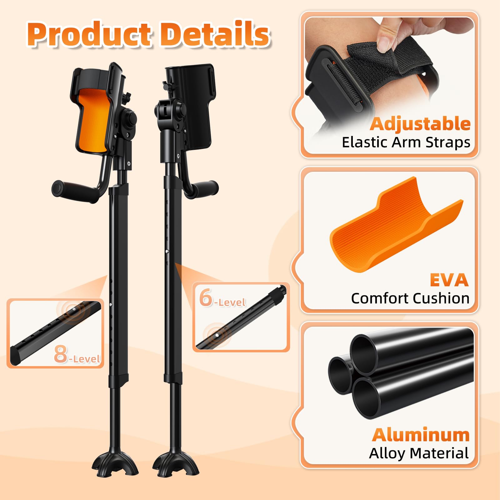 Muletas ajustables para antebrazo para adultos, muletas ergonómicas de 10 niveles de altura, puños cómodos y alfombrillas anchas, muletas de aluminio ligeras para lesiones de pies y piernas
