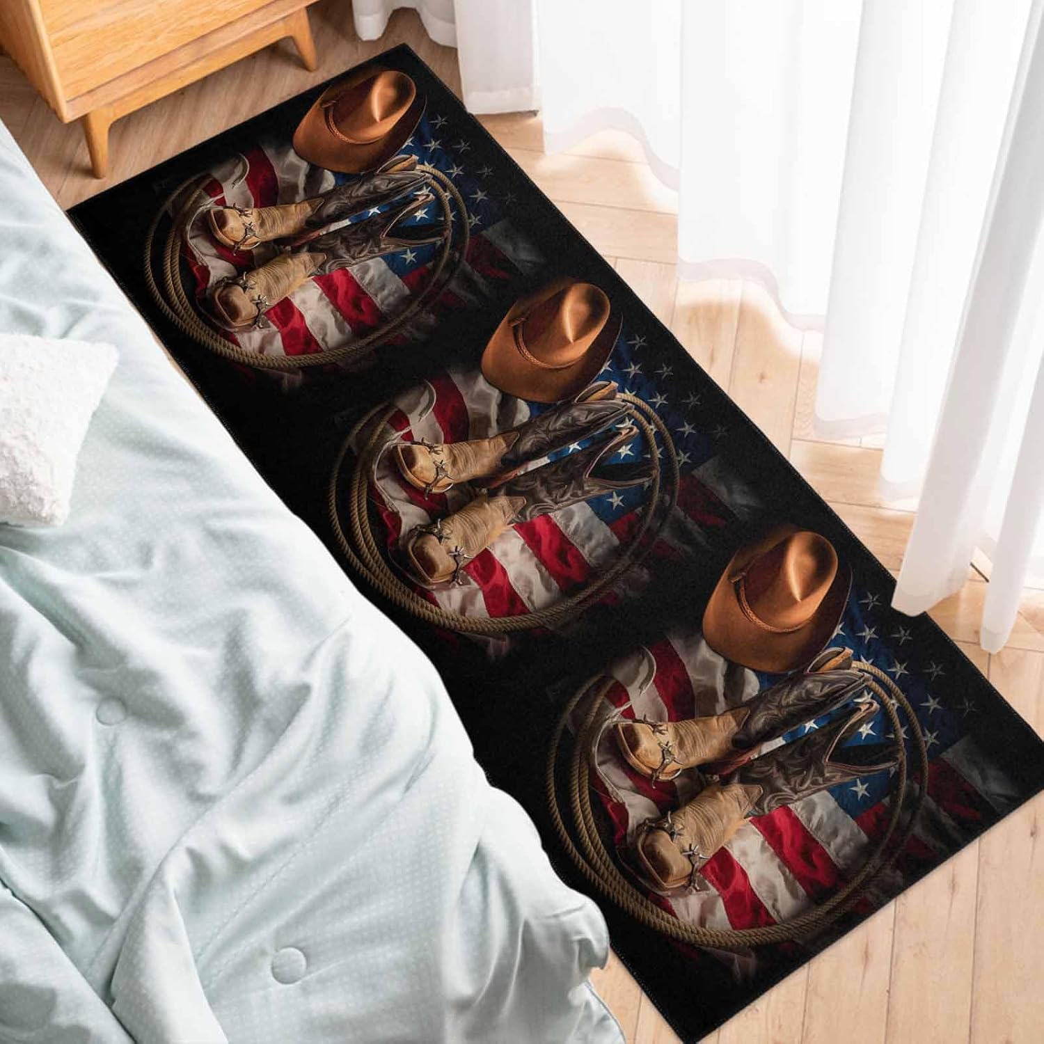 Teamery Kitchen Mats for Floor Retro Western Cowboy Boots Hat Washable Non Slip Kitchen Rugs 1PCS, Nostalgic American Flag Absorbent Standing Mats for Sink Bathroom Office Living Room 15.7x47.2in