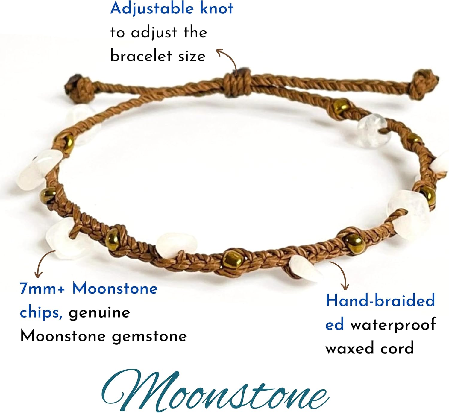 Handmade Moonstone Small Crystal Bracelet (6.5-7.5'') - Adjustable & Plus Size, Natural Healing Crystal Chips, Waterproof, Chakra Beaded - Unusual Jewelry for Women, Girl & Friendship from - Image 2