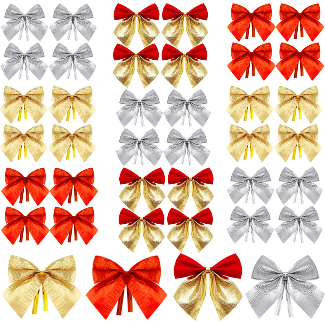 SUNCHE Christmas Tree Bows, Christmas Bows Decoration, Glitter Arch, Christmas Tree Bowknot Ornaments, Hanging Decoration for Christmas, Thanksgiving, Birthday, Red Gold Silver, Pack of 96