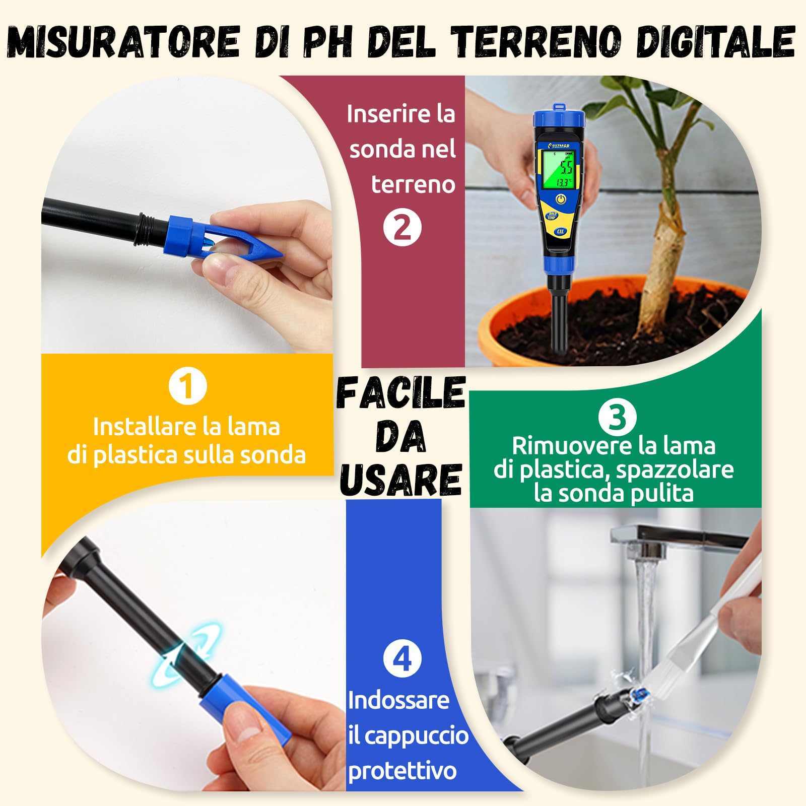 UIUZMAR Misuratore del pH del Terreno, Misuratore Digitale pH Suolo Pianta | Prato da Giardino Kit di Tester pH Terreno per Erba, Serra, Agricoltura, Tester del pH del Terreno per Acqua, Alimenti