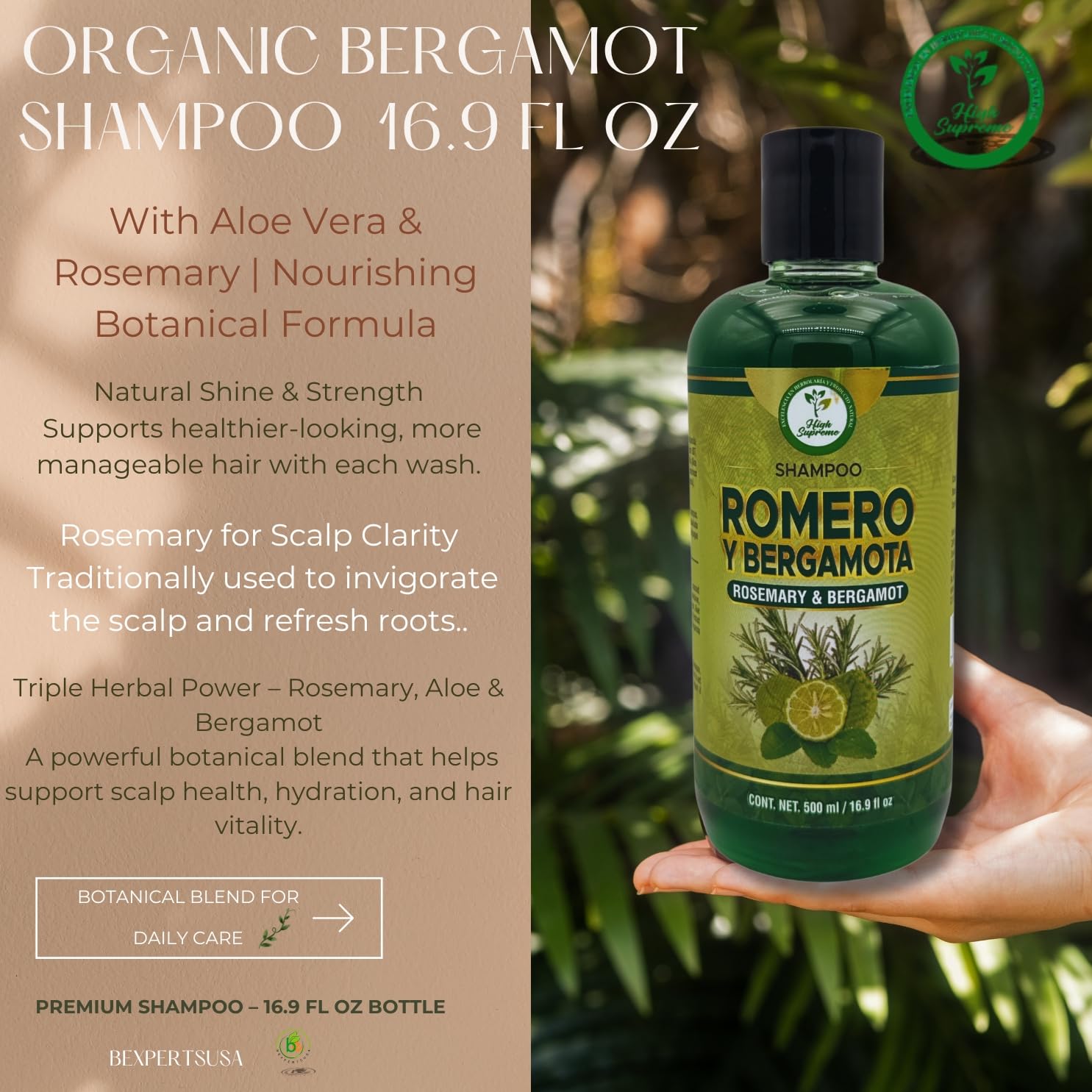 Romero, Sábila & Bergamota Shampoo (Rosemary, Aloe Vera & Bergamot) – 16.9 fl oz – Nourishing Hair Care – Natural Shine & Strength – Healthy, Beautiful Hair – Sulfate-Free - Image 2