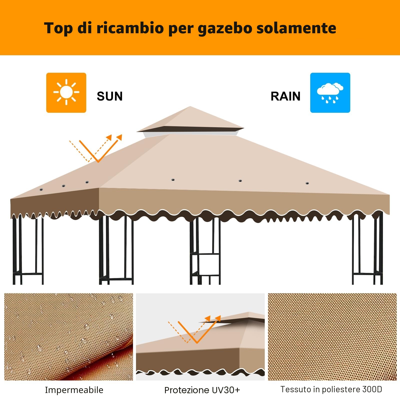 Telo Gazebo 3x3 m Impermeabile Doppio Strato Copertura Rimovibile Giardino